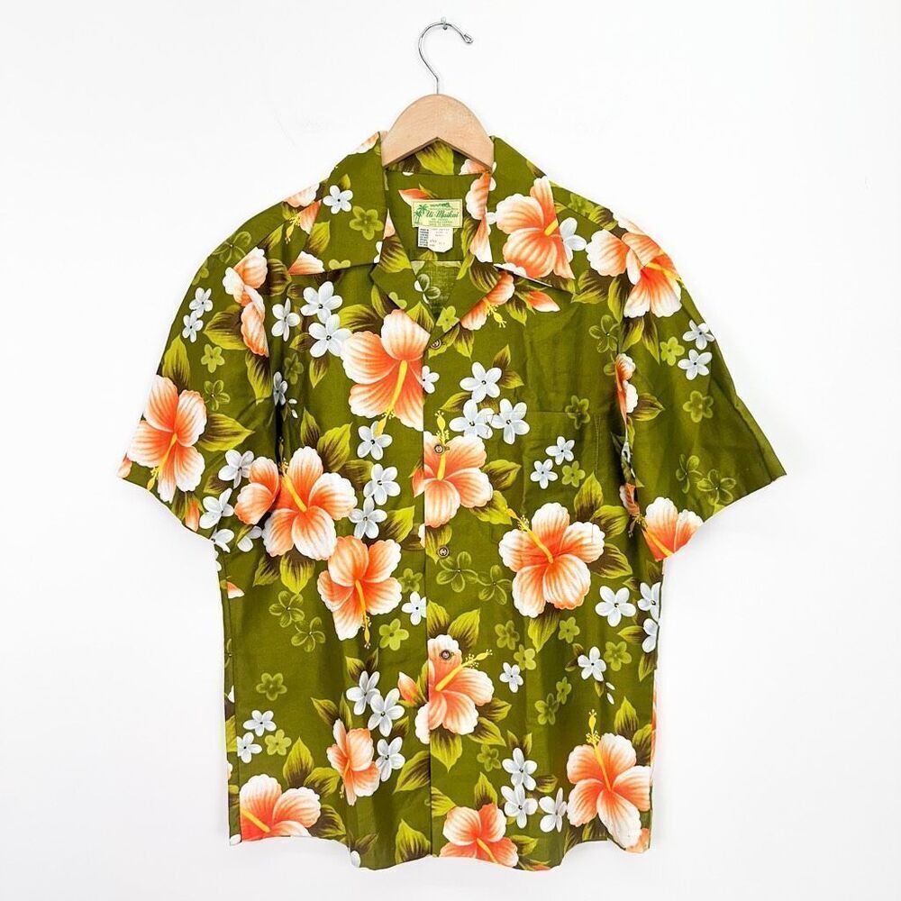Ui Maikai Couples Vintage Hawaii Two Piece Olive Green Orange Hibiscus Floral Pr